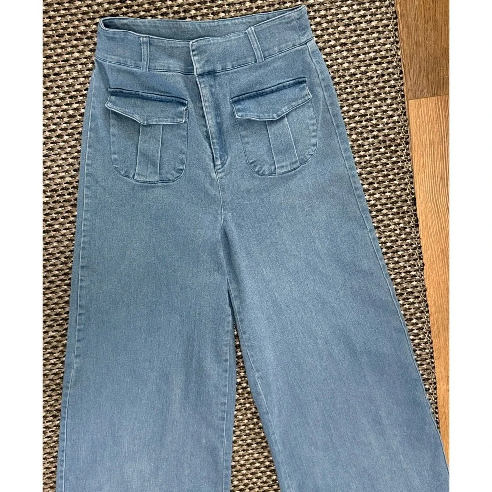 Flying Tomato Anthropologie Boho High Rise Wide Leg Flare Stretch Jeans Sz M - Picture 5 of 10